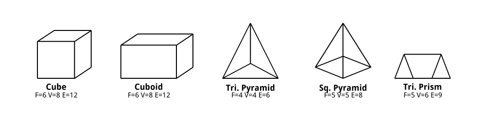 Cube, cuboid, triangular pyramid, square pyramid, triangular prism with F, V, E