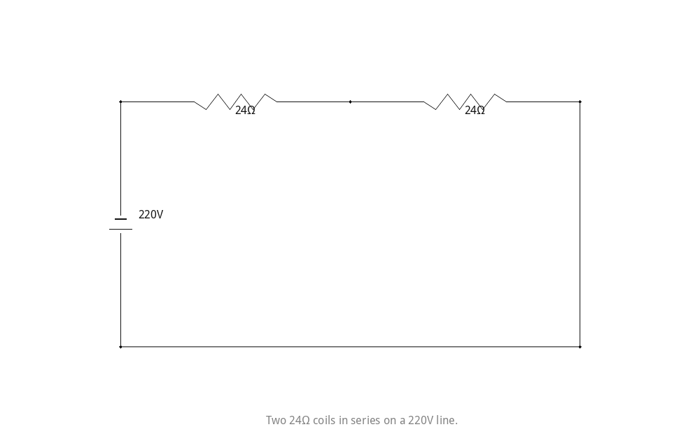 Two 24Ω coils in series on a 220V line.
