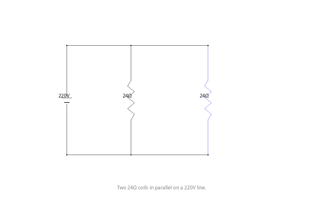 Two 24Ω coils in parallel on a 220V line.