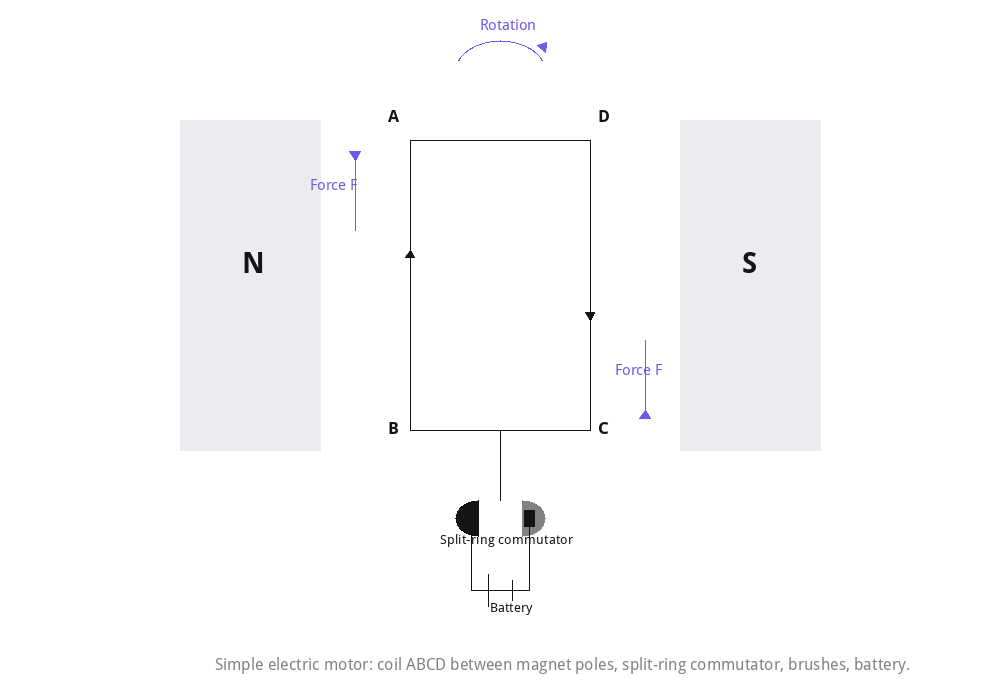 Simple electric motor: coil ABCD between magnet poles, split-ring commutator, brushes, battery.