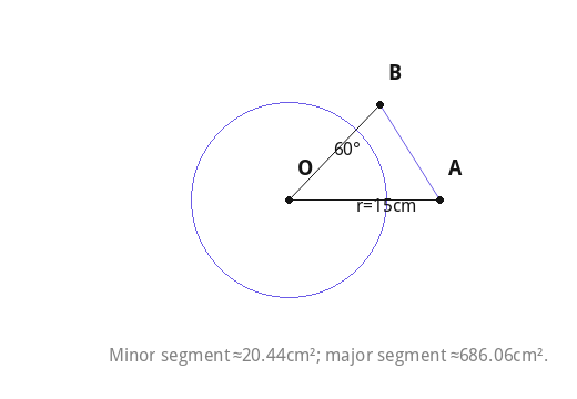 Minor segment≈20.44cm²; major segment≈686.06cm².