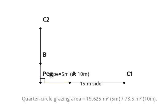 Quarter-circle grazing area = 19.625 m² (5m) / 78.5 m² (10m).