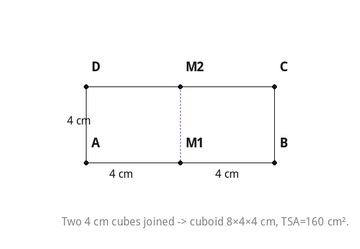 Two 4 cm cubes joined -> cuboid 8×4×4 cm, TSA=160 cm².