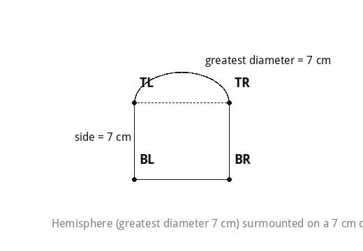 Hemisphere (greatest diameter 7 cm) surmounted on a 7 cm cube.