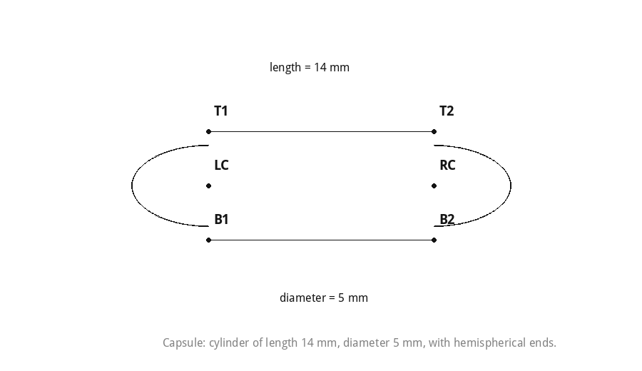 Capsule: cylinder of length 14 mm, diameter 5 mm, with hemispherical ends.