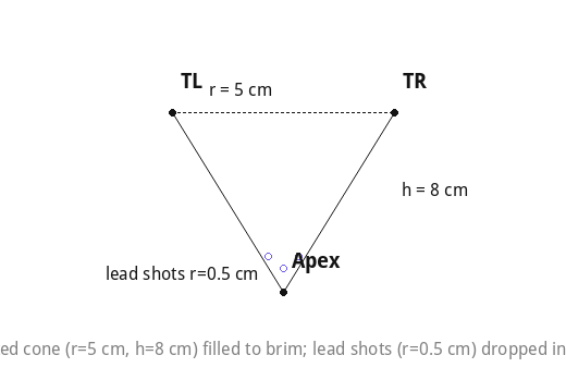 Inverted cone (r=5 cm, h=8 cm) filled to brim; lead shots (r=0.5 cm) dropped in, 1/4 water overflows.