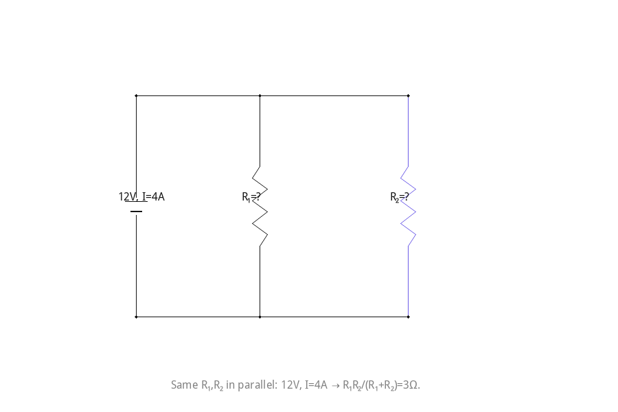Same R₁,R₂ in parallel: 12V, I=4A → R₁R₂/(R₁+R₂)=3Ω.