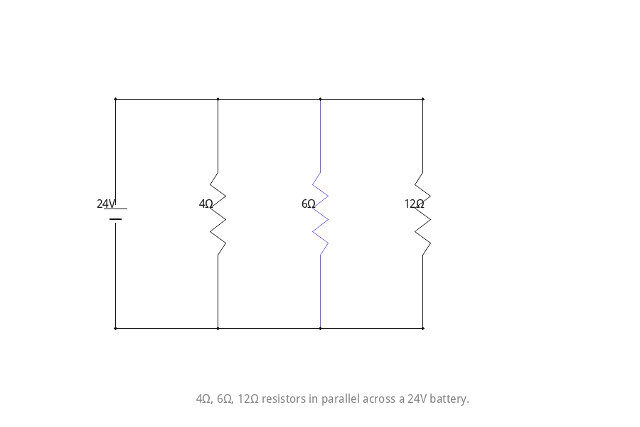 4Ω, 6Ω, 12Ω resistors in parallel across a 24V battery.