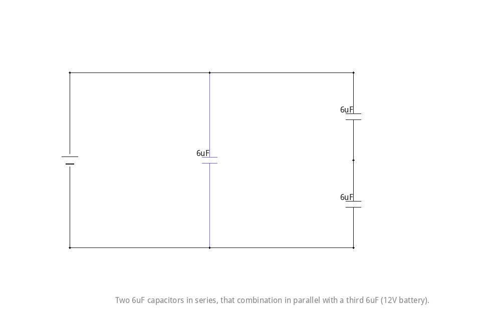 Two 6uF capacitors in series, in parallel with a third 6uF, across a 12V battery.