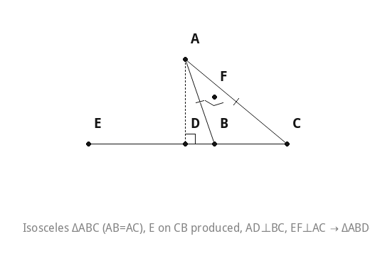 Isosceles ΔABC (AB=AC), E on CB produced, AD⊥BC, EF⊥AC → ΔABD~ΔECF.