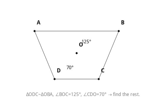 ΔODC~ΔOBA, ∠BOC=125°, ∠CDO=70° → find the rest.