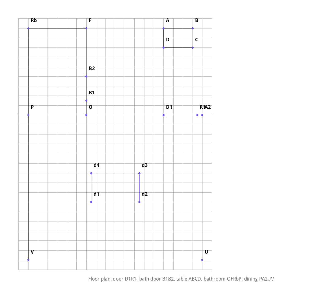 Floor plan diagram: room door, bathroom door, study table, bathroom, dining room and dining table