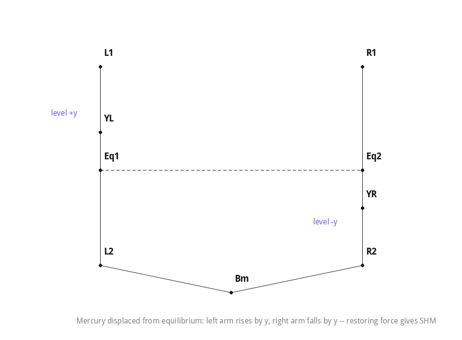 U-tube with mercury displaced from equilibrium in each arm, illustrating the restoring force